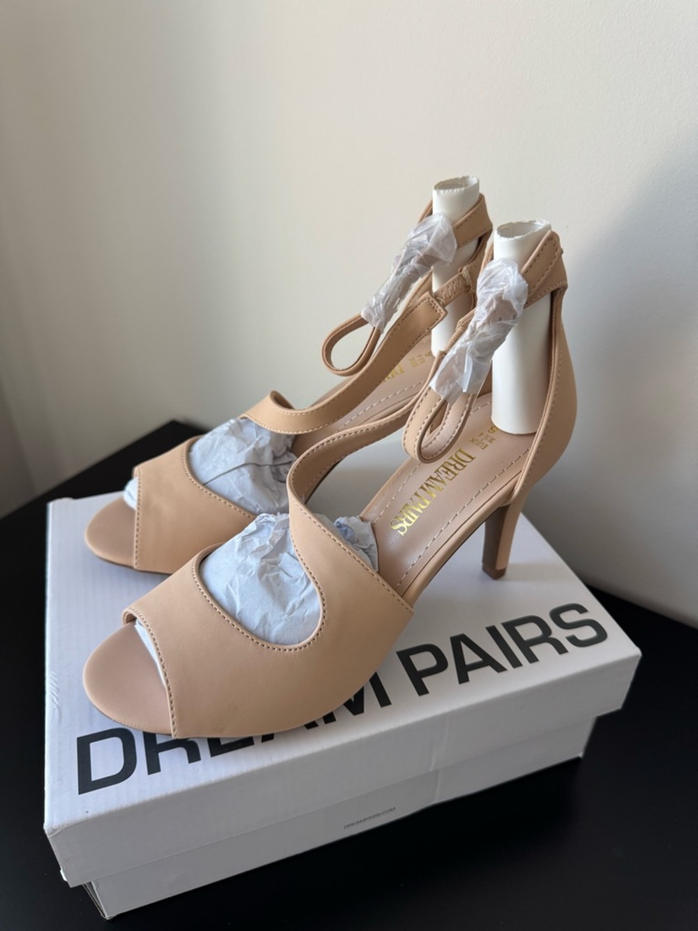 DREAM PAIRS Women's NILE Stilettos Open Toe Pump Heel Sandals - Nude Nubuck NWT - Picture 3 of 12